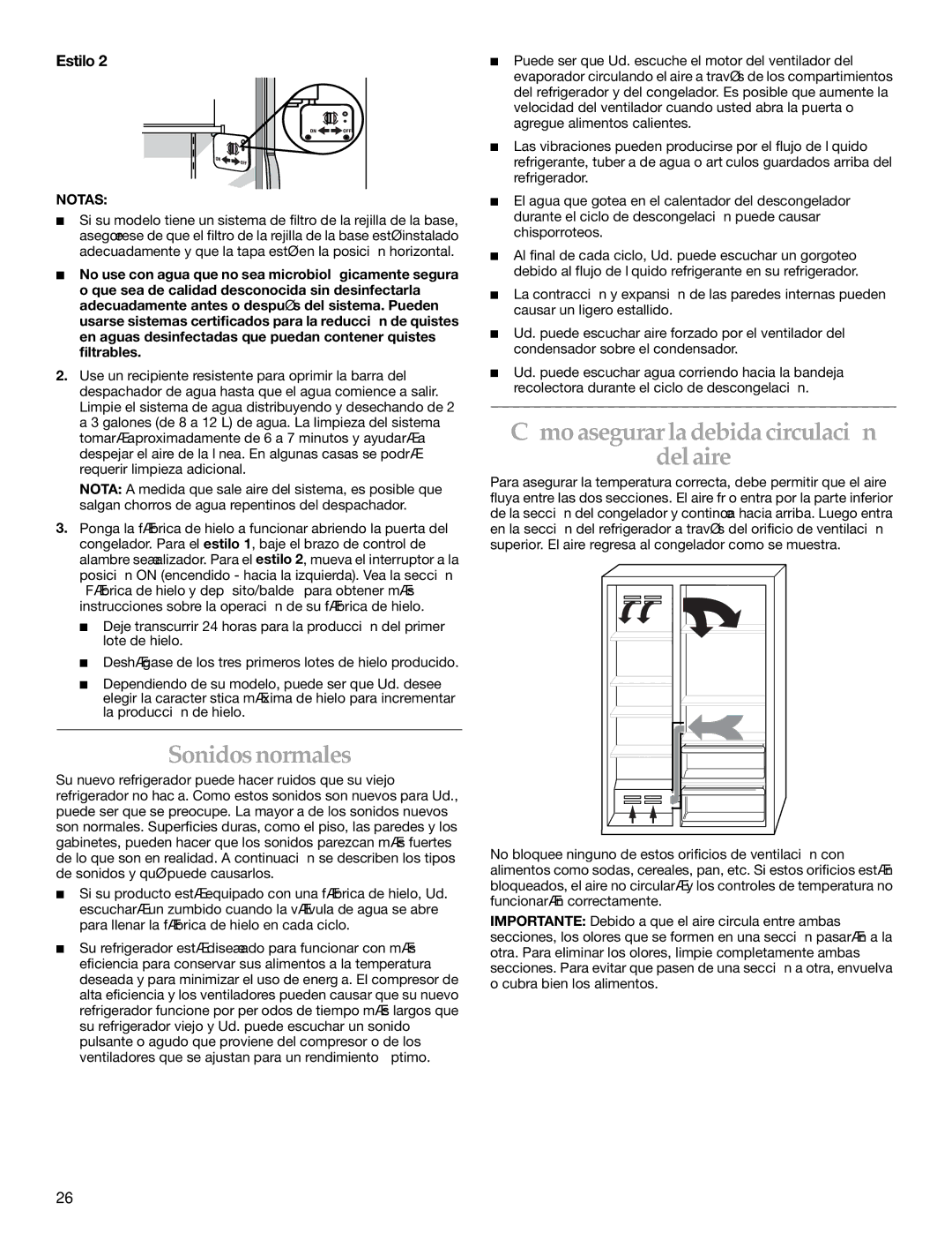 KitchenAid Side-by-Side Referigerator manual Sonidos normales, Cómo asegurar la debida circulación Del aire, Notas 