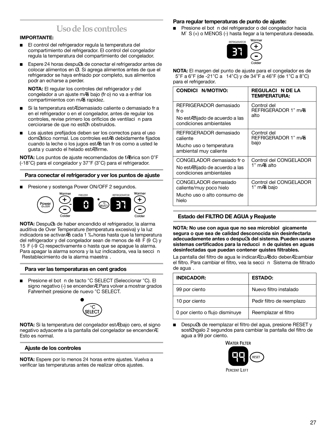 KitchenAid Side-by-Side Referigerator manual Uso de los controles 