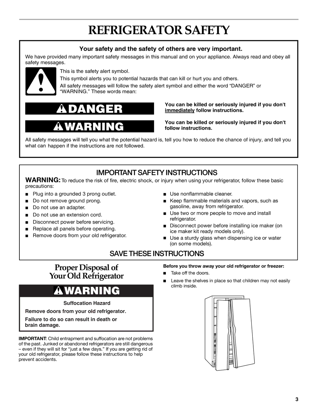 KitchenAid Side-by-Side Referigerator manual Refrigerator Safety, Before you throw away your old refrigerator or freezer 