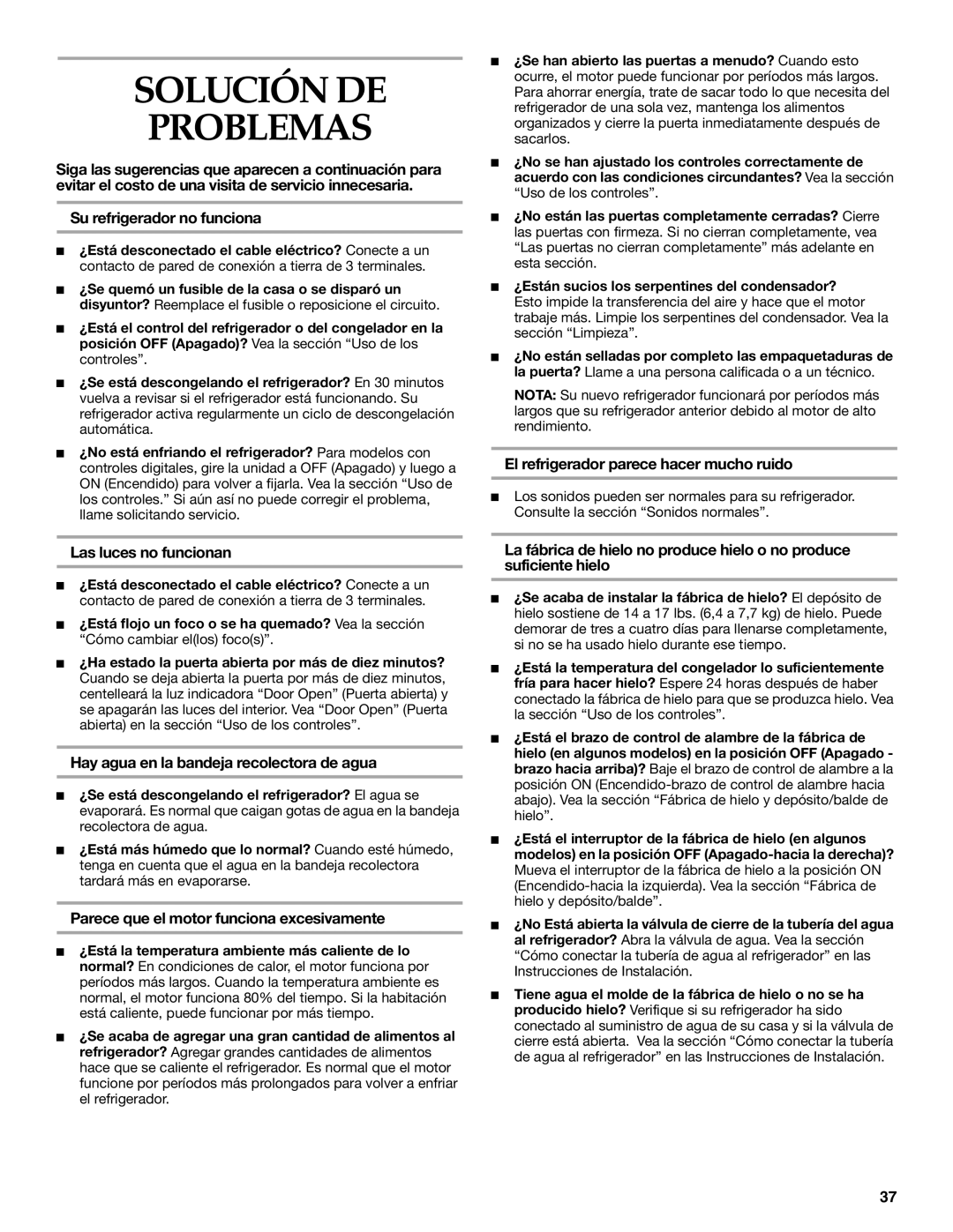 KitchenAid Side-by-Side Referigerator manual Solución DE Problemas 