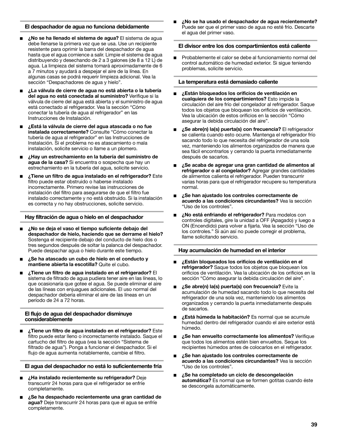 KitchenAid Side-by-Side Referigerator manual El despachador de agua no funciona debidamente 