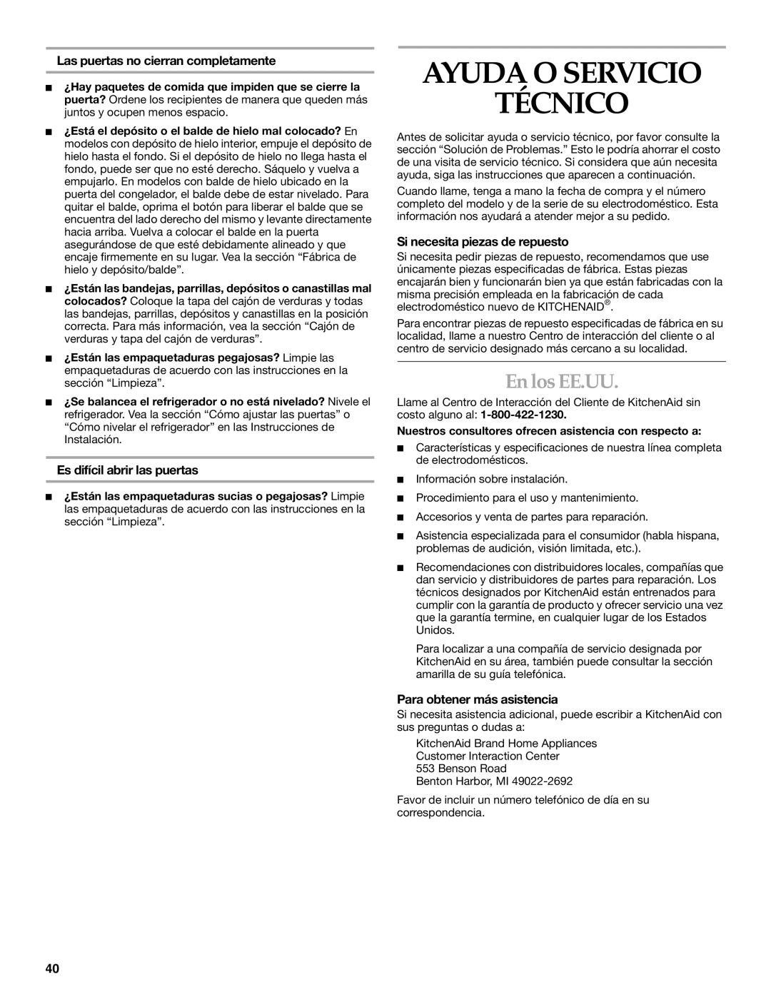 KitchenAid Side-by-Side Referigerator manual Ayuda O Servicio Técnico, En los EE.UU 