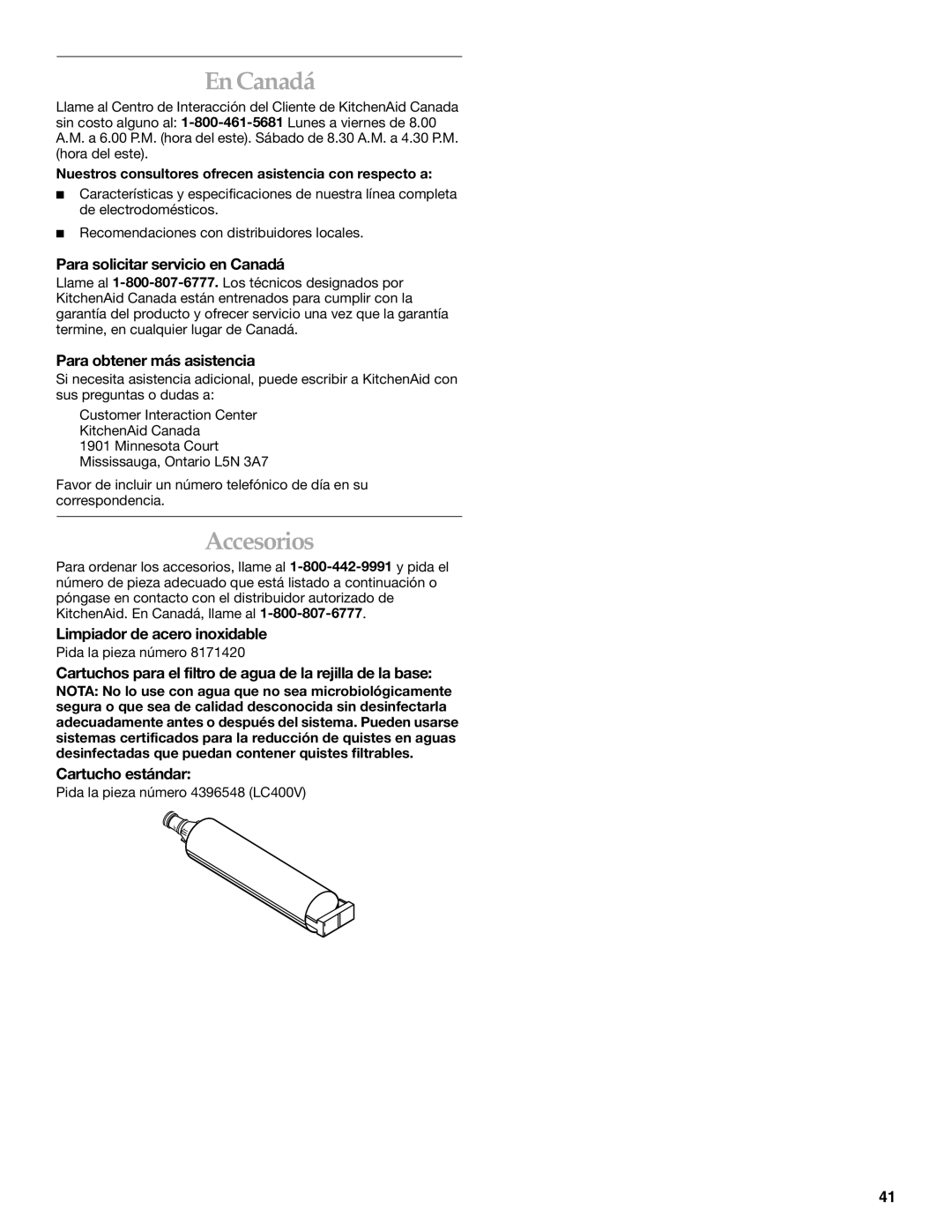 KitchenAid Side-by-Side Referigerator manual En Canadá, Accesorios 