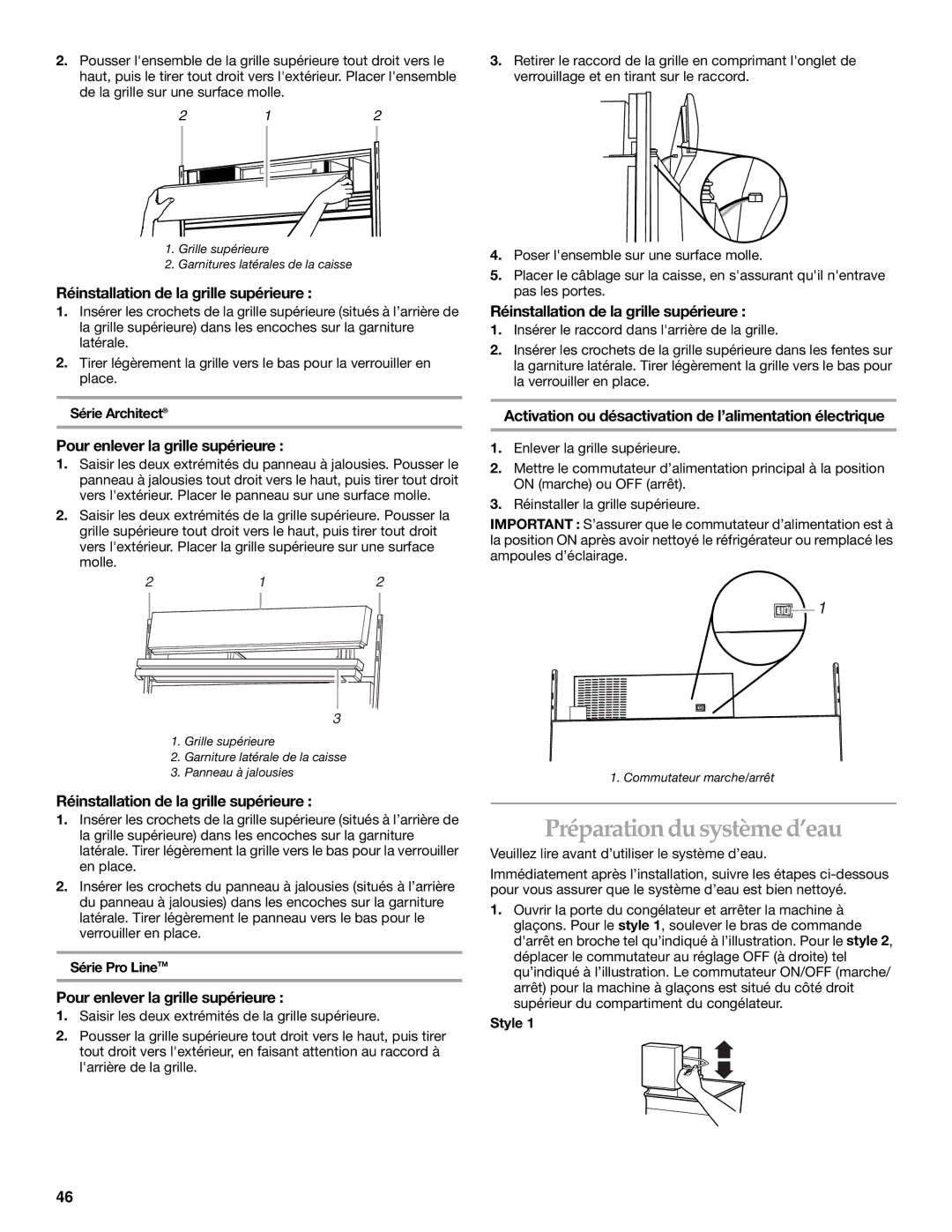 KitchenAid Side-by-Side Referigerator manual Préparation du système d’eau, Réinstallation de la grille supérieure 