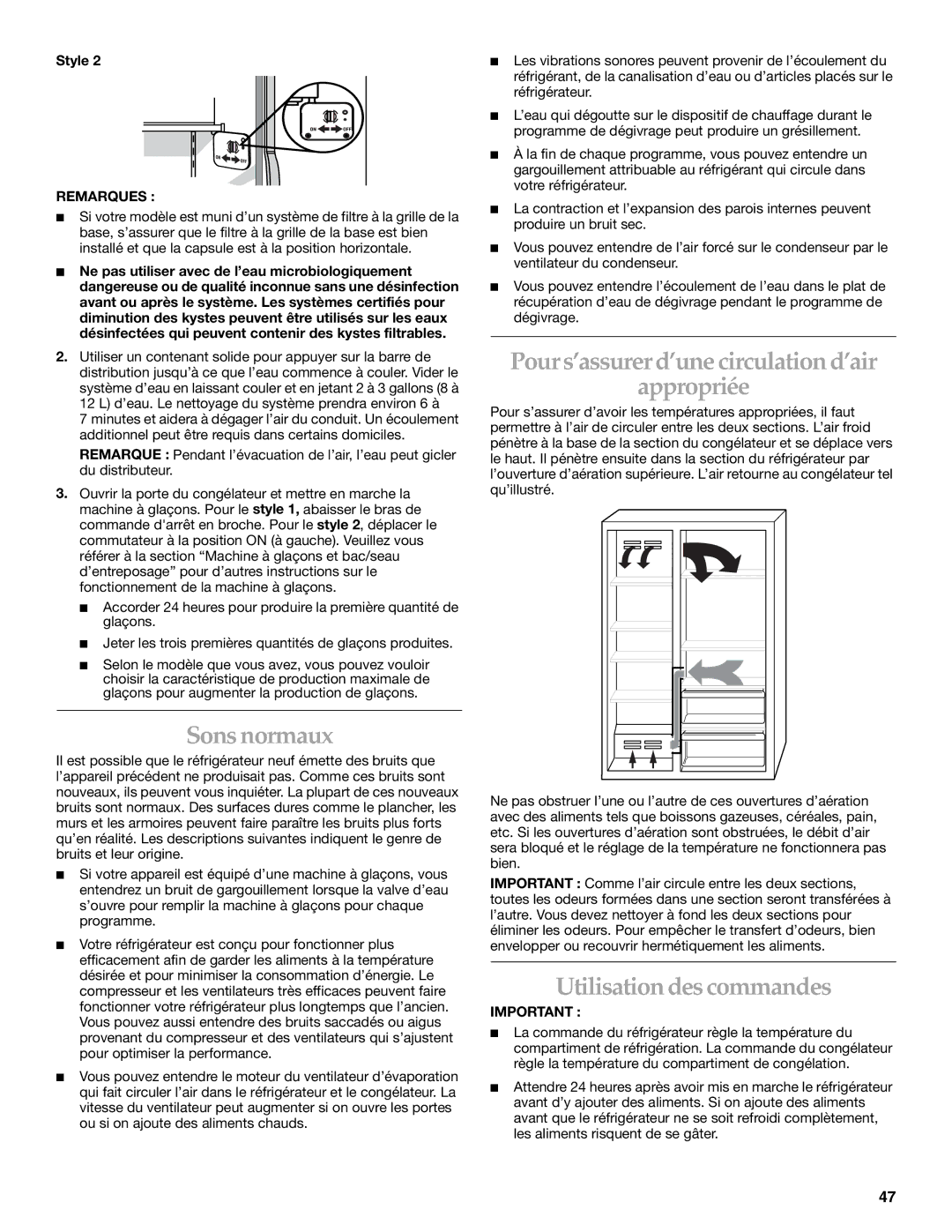 KitchenAid Side-by-Side Referigerator manual Sons normaux, Pour s’assurer d’une circulation d’air Appropriée, Remarques 