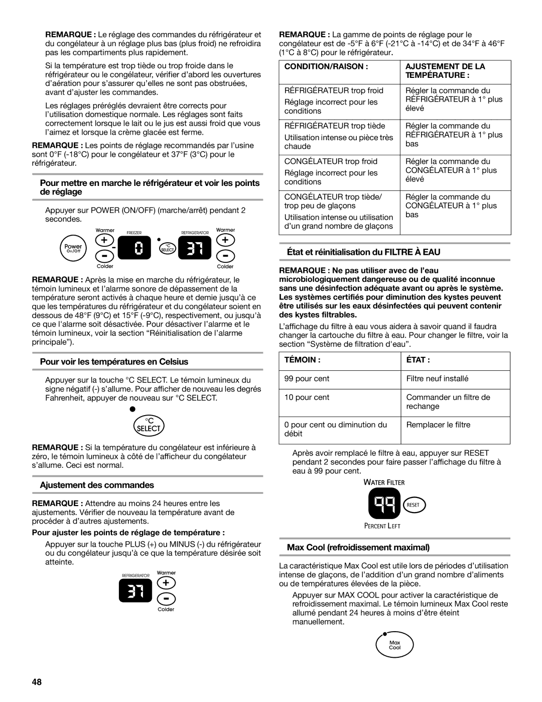 KitchenAid Side-by-Side Referigerator État et réinitialisation du Filtre À EAU, Pour voir les températures en Celsius 