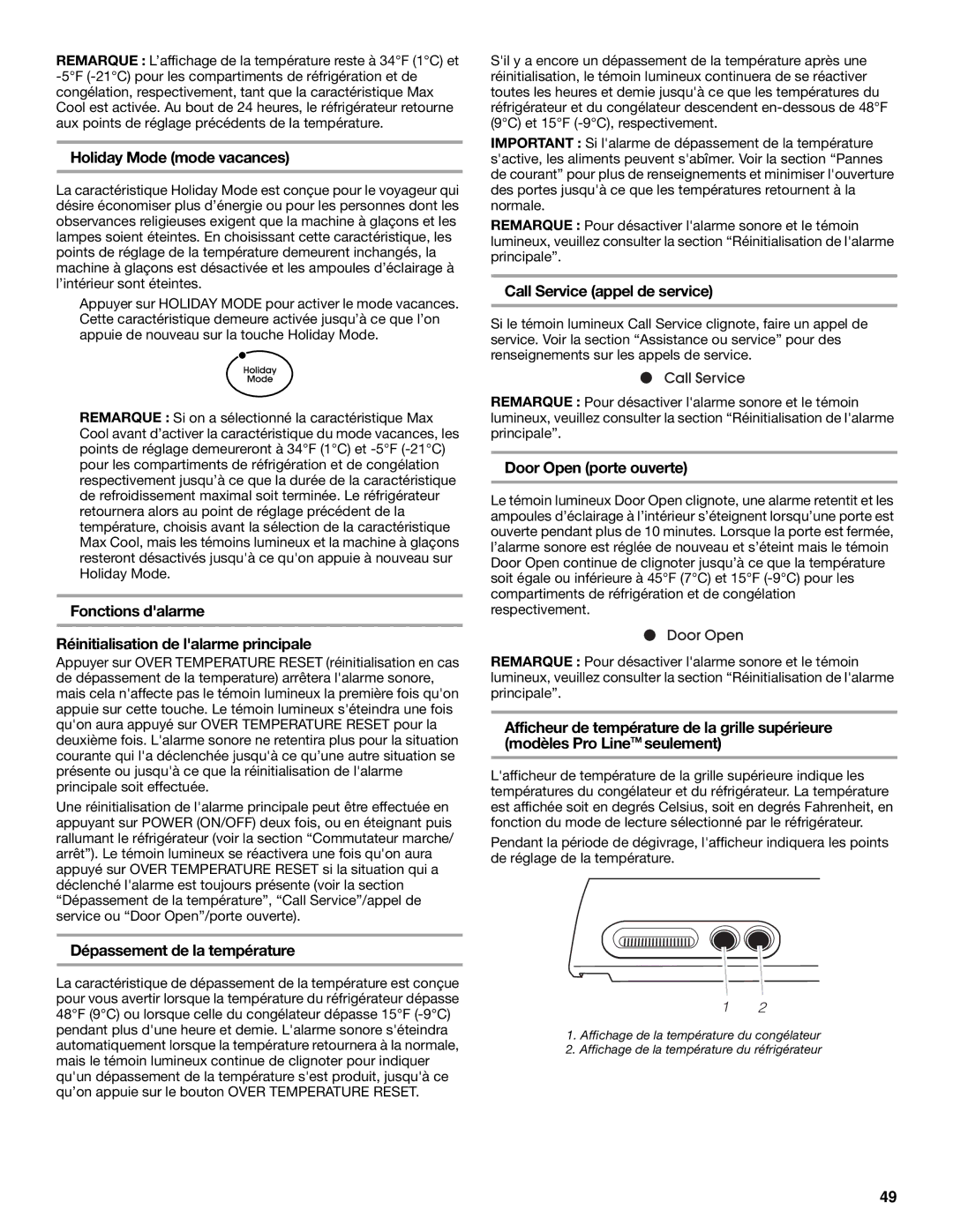 KitchenAid Side-by-Side Referigerator Holiday Mode mode vacances, Fonctions dalarme Réinitialisation de lalarme principale 