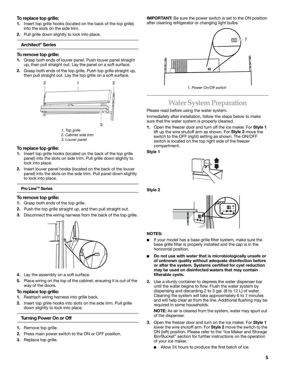 KitchenAid Side-by-Side Referigerator manual Water System Preparation, To replace top grille, Turning Power On or Off 
