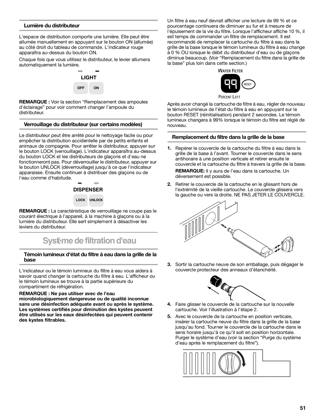 KitchenAid Side-by-Side Referigerator manual Système de filtration deau, Lumière du distributeur 