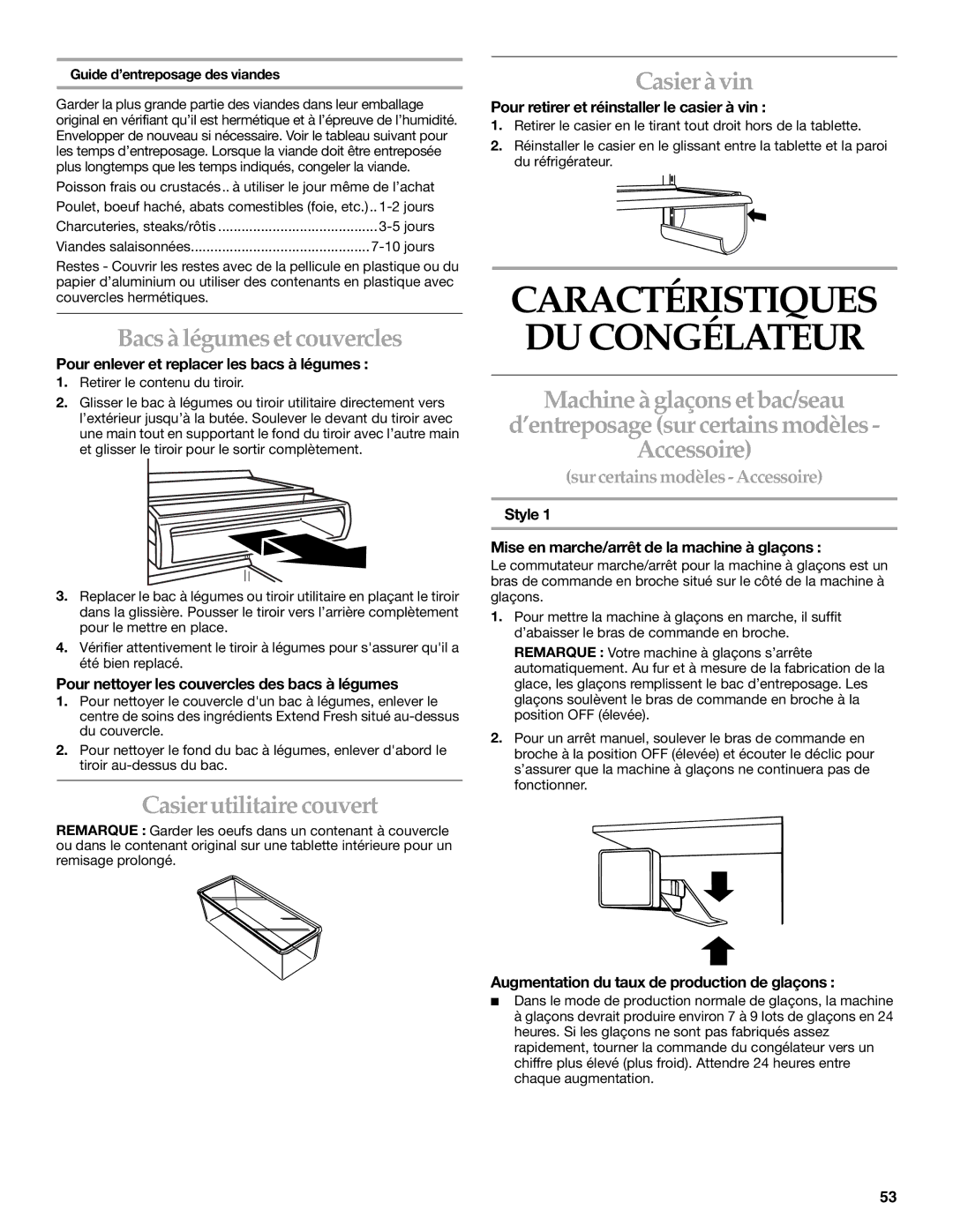 KitchenAid Side-by-Side Referigerator manual Bacs àlégumes et couvercles, Casier utilitaire couvert, Casier àvin 