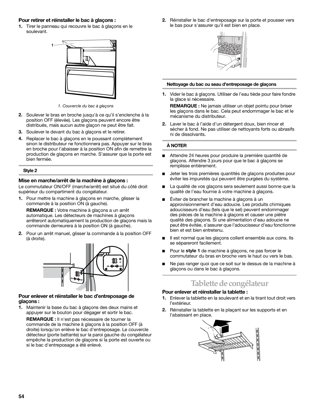 KitchenAid Side-by-Side Referigerator manual Tablette de congélateur, Pour retirer et réinstaller le bac à glaçons 