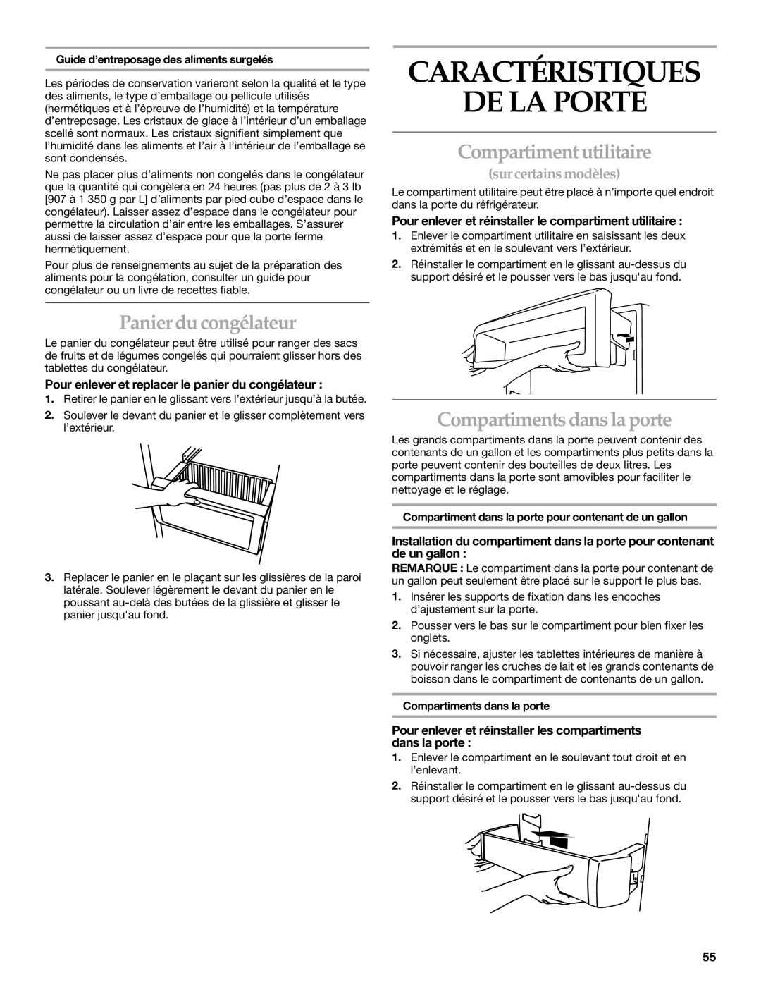 KitchenAid Side-by-Side Referigerator manual Caractéristiques DE LA Porte, Panier du congélateur, Compartiment utilitaire 