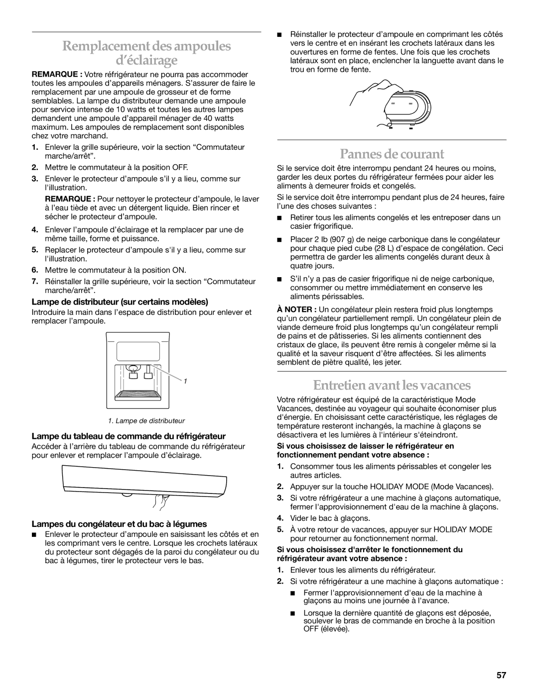 KitchenAid Side-by-Side Referigerator manual Remplacement des ampoules ’éclairage, Pannes de courant 