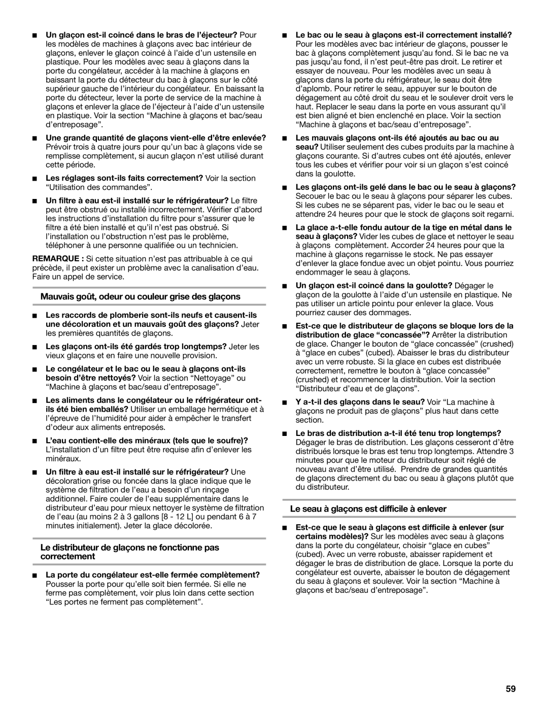 KitchenAid Side-by-Side Referigerator manual Mauvais goût, odeur ou couleur grise des glaçons 