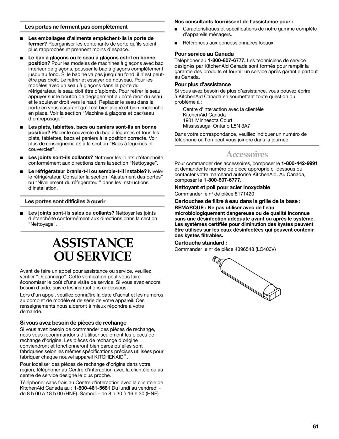 KitchenAid Side-by-Side Referigerator manual Assistance OU Service, Accessoires 