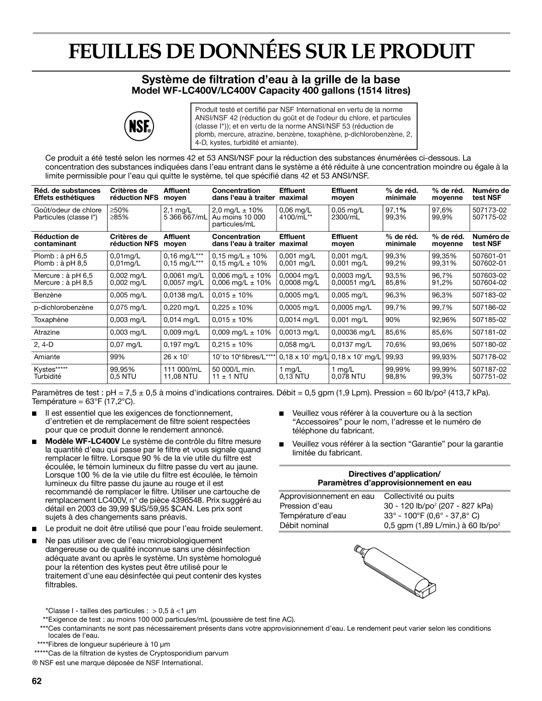 KitchenAid Side-by-Side Referigerator manual Feuilles DE Données SUR LE Produit 