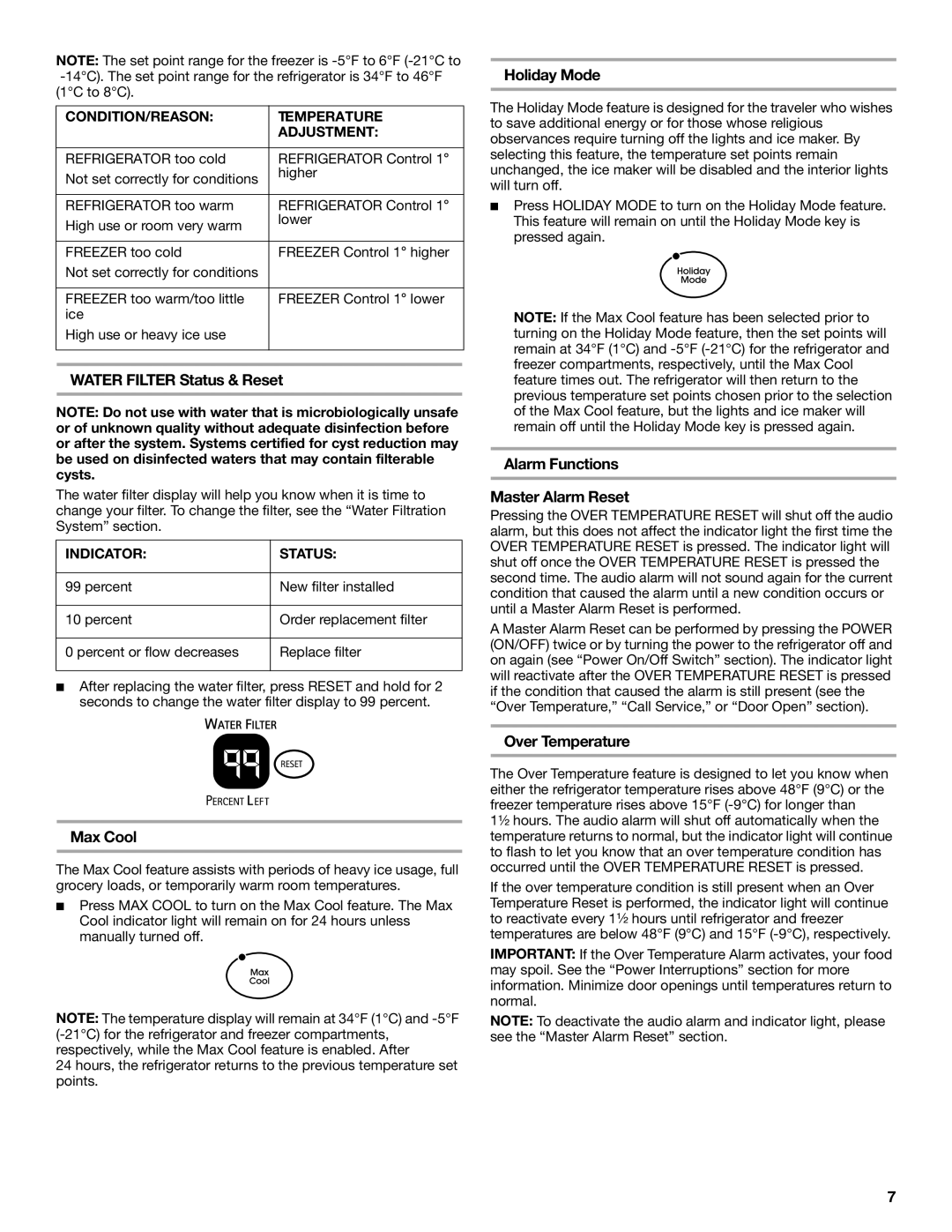 KitchenAid Side-by-Side Referigerator manual Water Filter Status & Reset, Holiday Mode, Alarm Functions Master Alarm Reset 