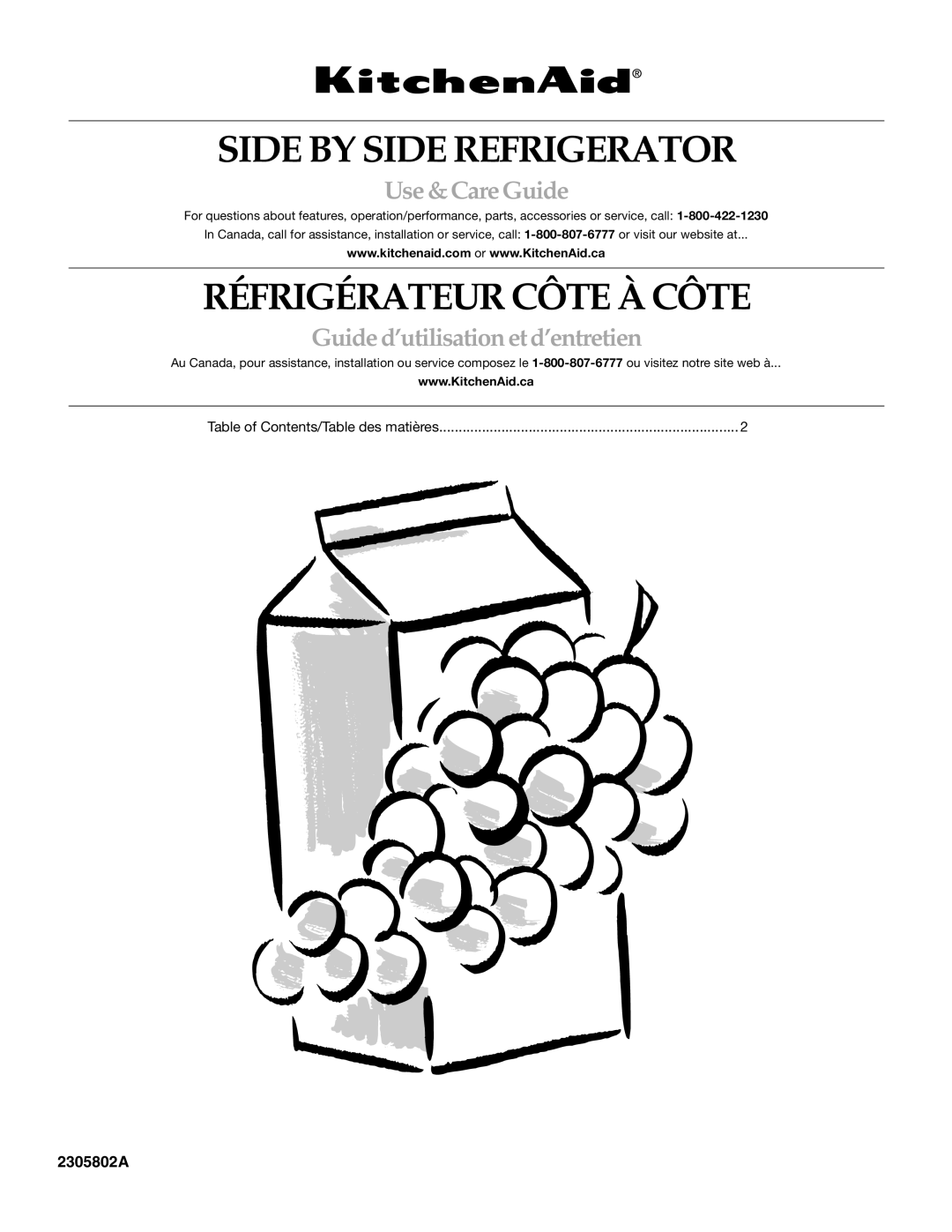 KitchenAid SIDE BY SIDE REFRIGERATOR manual Side by Side Refrigerator, Table of Contents/Table des matières 