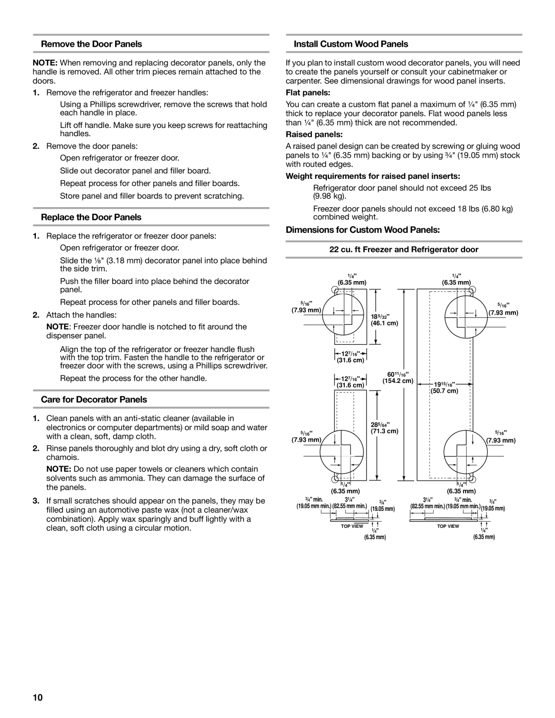 KitchenAid SIDE BY SIDE REFRIGERATOR manual Remove the Door Panels, Replace the Door Panels, Care for Decorator Panels 