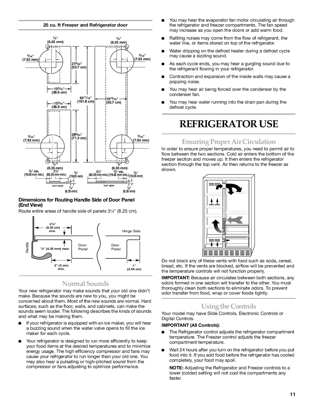 KitchenAid SIDE BY SIDE REFRIGERATOR Refrigerator USE, Ensuring Proper Air Circulation, Normal Sounds, Usingthe Controls 