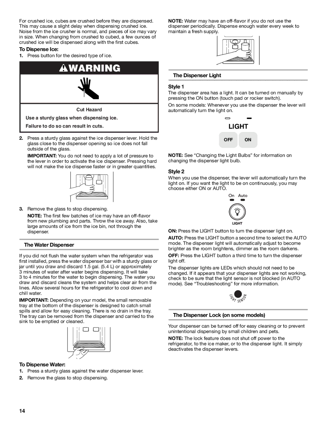 KitchenAid SIDE BY SIDE REFRIGERATOR manual To Dispense Ice, Water Dispenser, To Dispense Water, Dispenser Light Style 