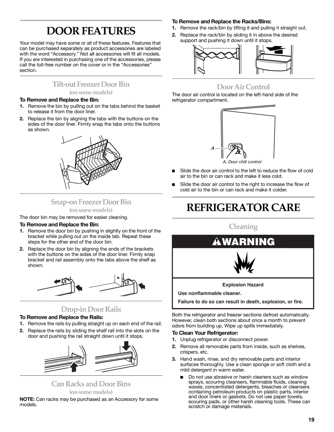 KitchenAid SIDE BY SIDE REFRIGERATOR manual Door Features, Refrigerator Care 