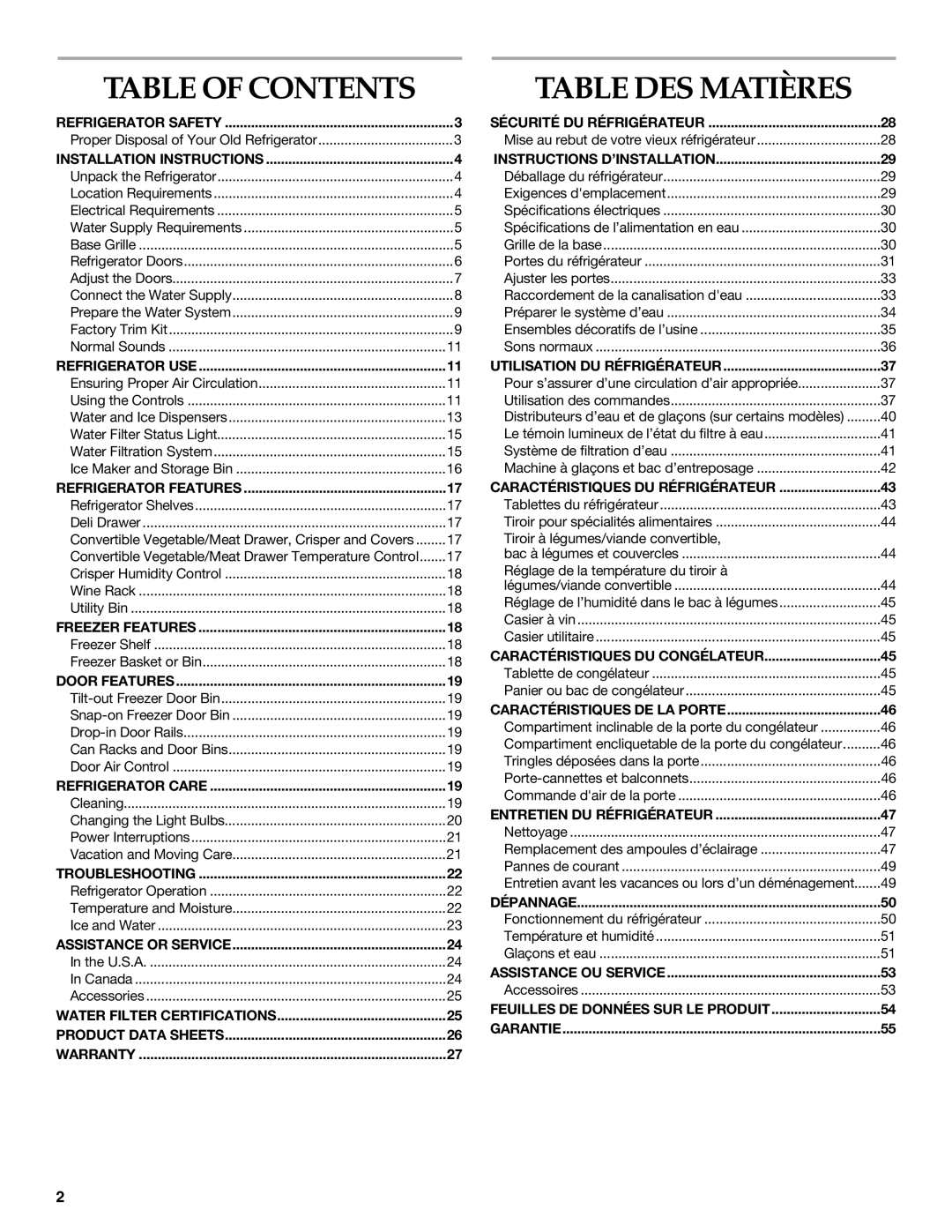 KitchenAid SIDE BY SIDE REFRIGERATOR manual Table DES Matières 