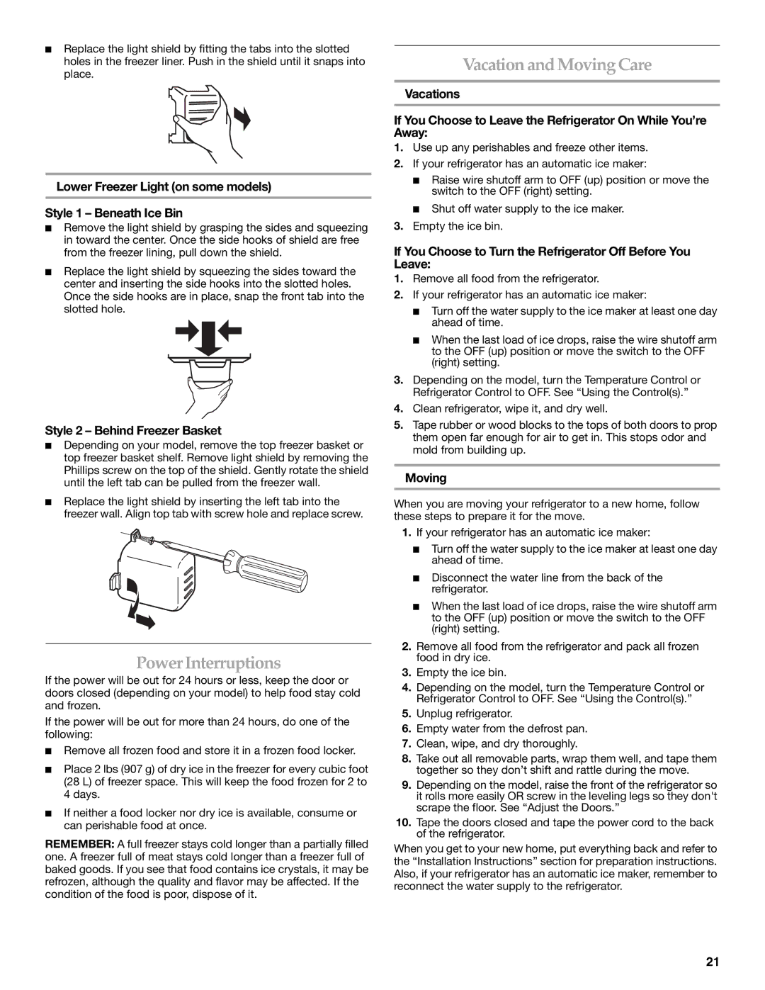 KitchenAid SIDE BY SIDE REFRIGERATOR manual PowerInterruptions, Vacation and MovingCare 