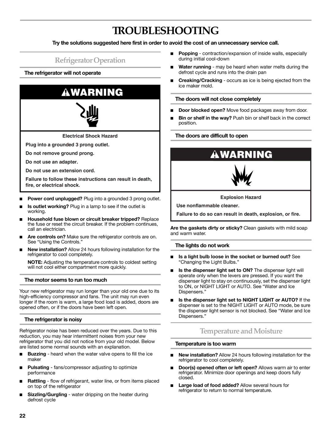 KitchenAid SIDE BY SIDE REFRIGERATOR manual Troubleshooting, Refrigerator Operation, Temperature and Moisture 