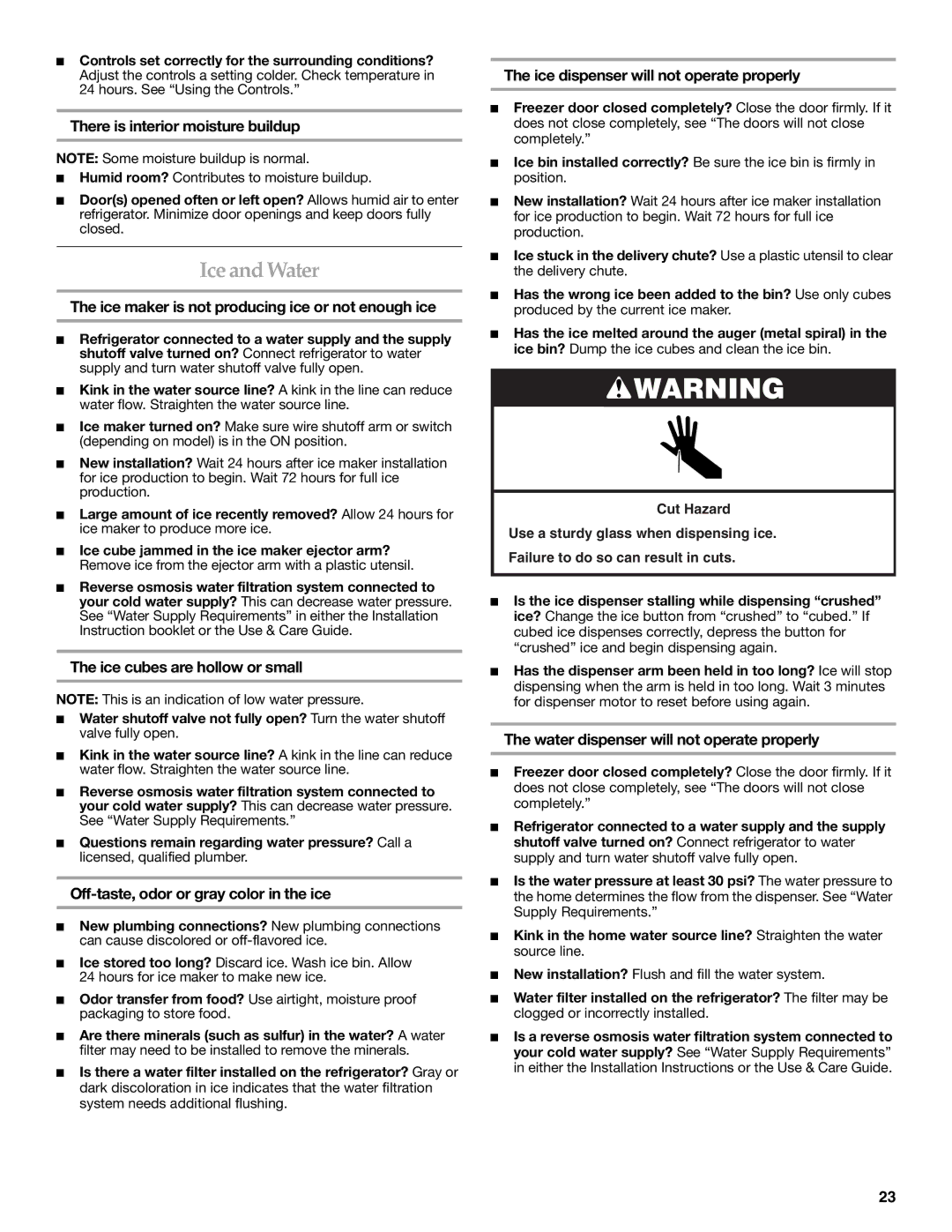 KitchenAid SIDE BY SIDE REFRIGERATOR manual Ice and Water 