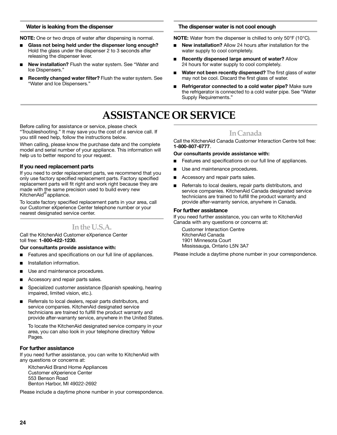 KitchenAid SIDE BY SIDE REFRIGERATOR manual Assistance or Service, TheU.S.A, Canada 