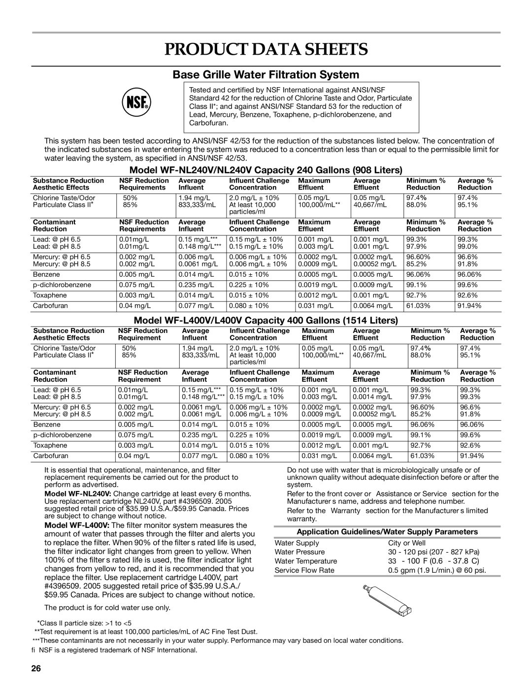 KitchenAid SIDE BY SIDE REFRIGERATOR manual Product Data Sheets, Application Guidelines/Water Supply Parameters 