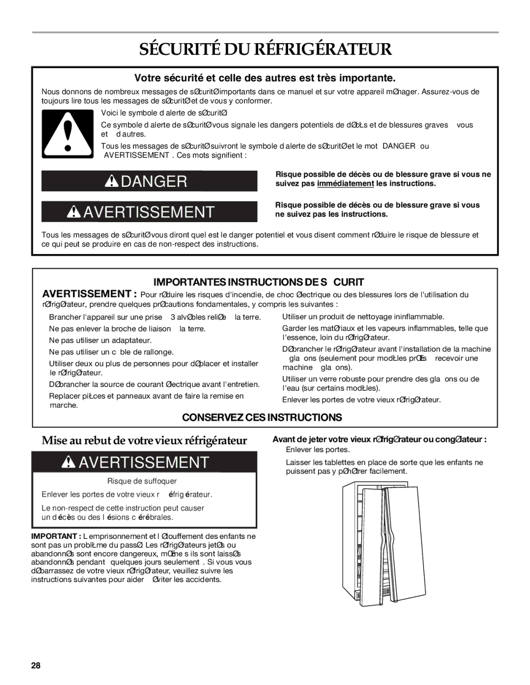 KitchenAid SIDE BY SIDE REFRIGERATOR Sécurité DU Réfrigérateur, Avant de jeter votre vieux réfrigérateur ou congélateur 