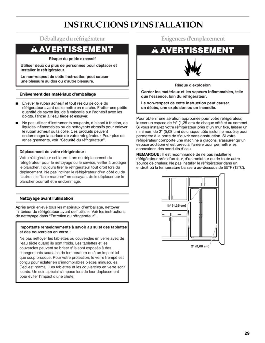 KitchenAid SIDE BY SIDE REFRIGERATOR manual Instructions D’INSTALLATION, Déballage du réfrigérateur, Exigences demplacement 