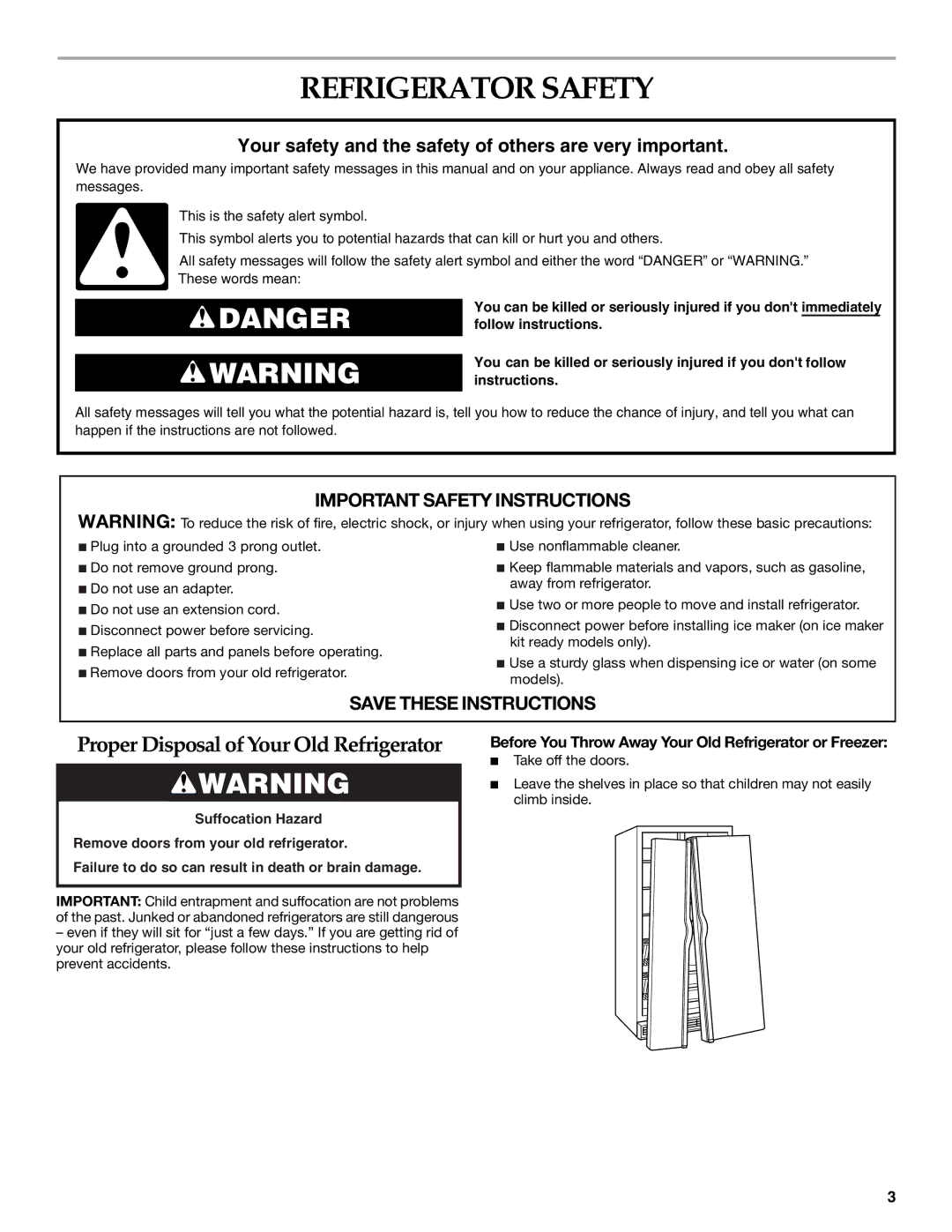 KitchenAid SIDE BY SIDE REFRIGERATOR manual Refrigerator Safety, Before You Throw Away Your Old Refrigerator or Freezer 