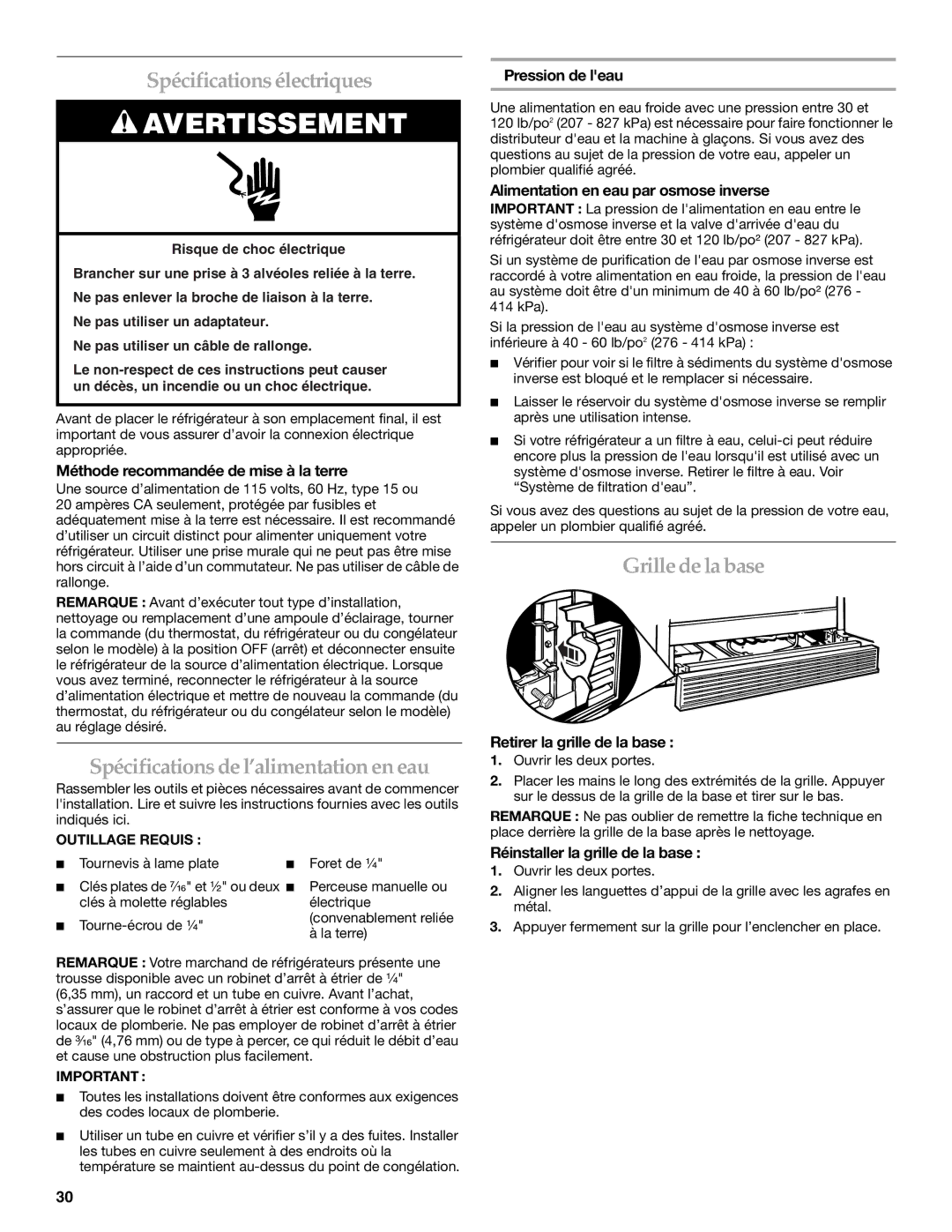 KitchenAid SIDE BY SIDE REFRIGERATOR manual Spécifications électriques, Spécifications de l’alimentation en eau 