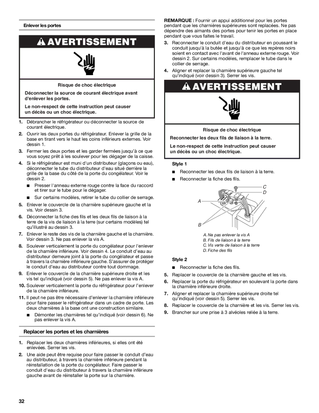 KitchenAid SIDE BY SIDE REFRIGERATOR manual Replacer les portes et les charnières, Enlever les portes 