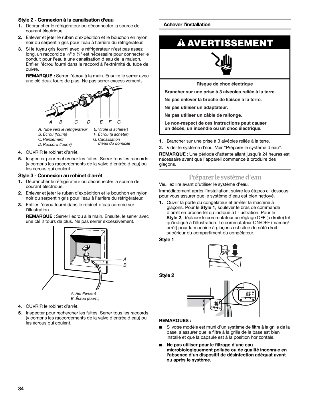 KitchenAid SIDE BY SIDE REFRIGERATOR manual Préparerlesystème d’eau, Style 2 Connexion à la canalisation deau, Remarques 