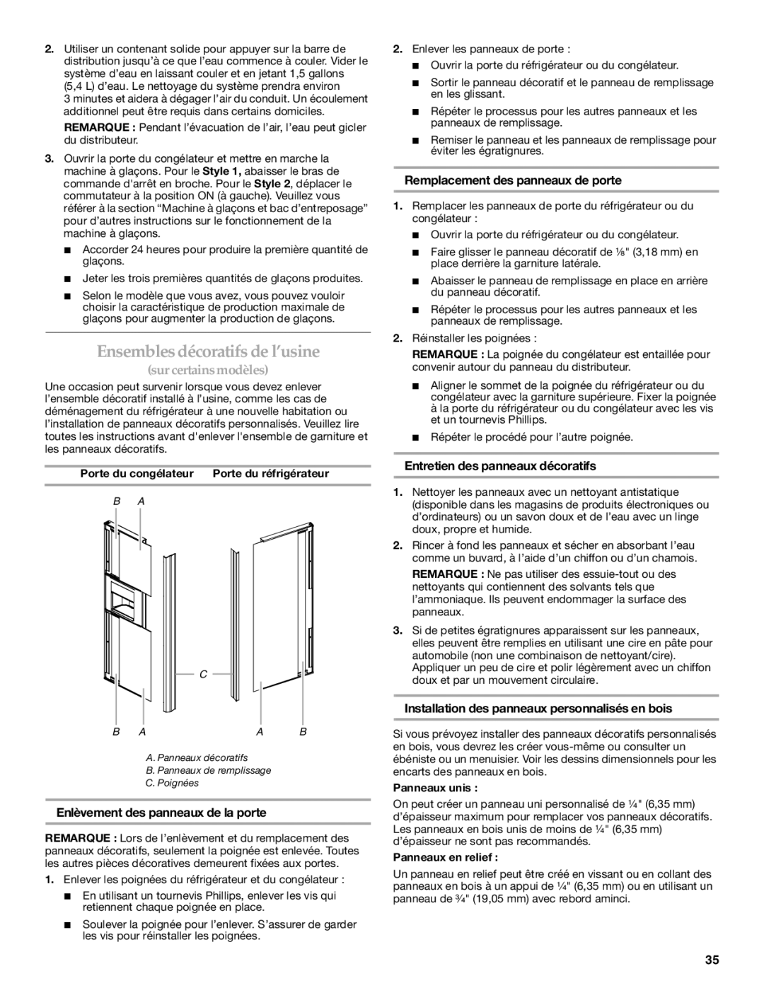 KitchenAid SIDE BY SIDE REFRIGERATOR manual Ensembles décoratifs de l’usine, Enlèvement des panneaux de la porte 