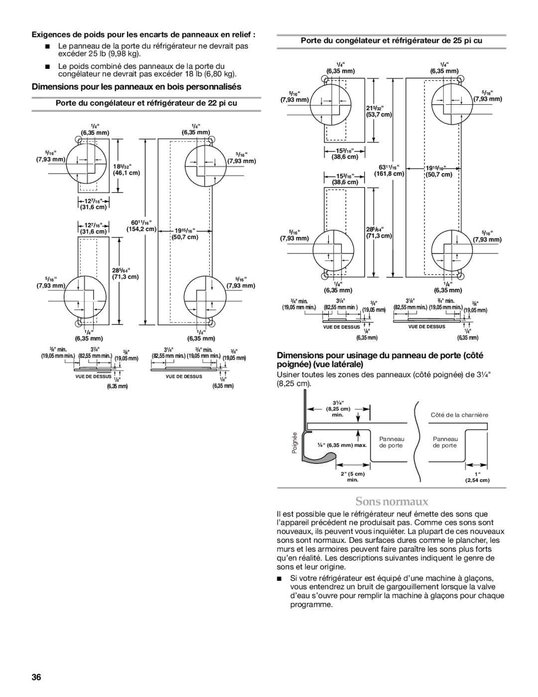 KitchenAid SIDE BY SIDE REFRIGERATOR manual Sons normaux, Dimensions pour les panneaux en bois personnalisés 