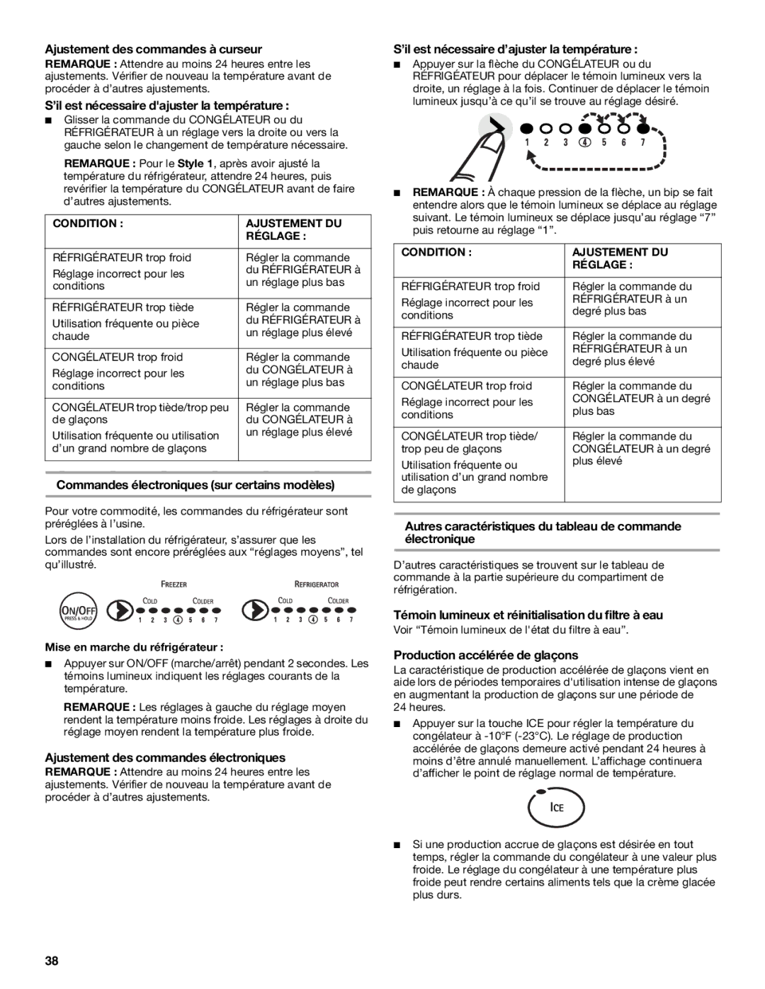 KitchenAid SIDE BY SIDE REFRIGERATOR manual Ajustement des commandes à curseur, ’il est nécessaire dajuster la température 