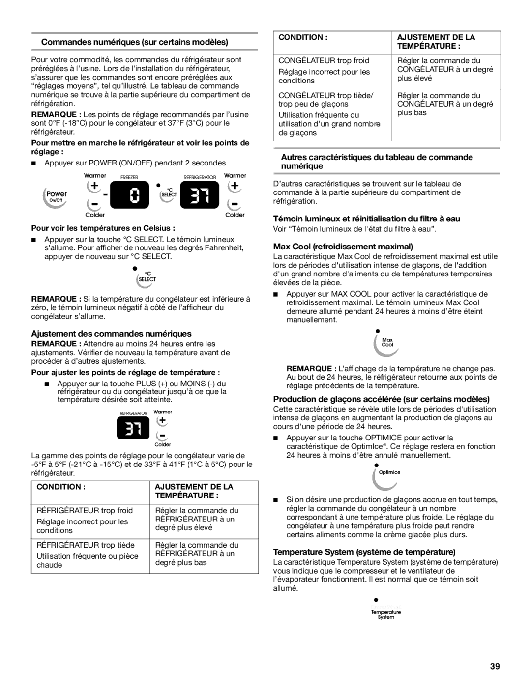 KitchenAid SIDE BY SIDE REFRIGERATOR manual Commandes numériques sur certains modèles, Ajustement des commandes numériques 