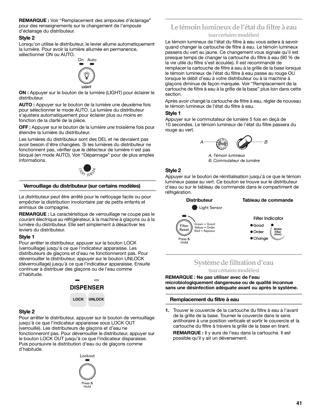 KitchenAid SIDE BY SIDE REFRIGERATOR manual Le témoin lumineux de l’état du filtre à eau, Système de filtration d’eau 