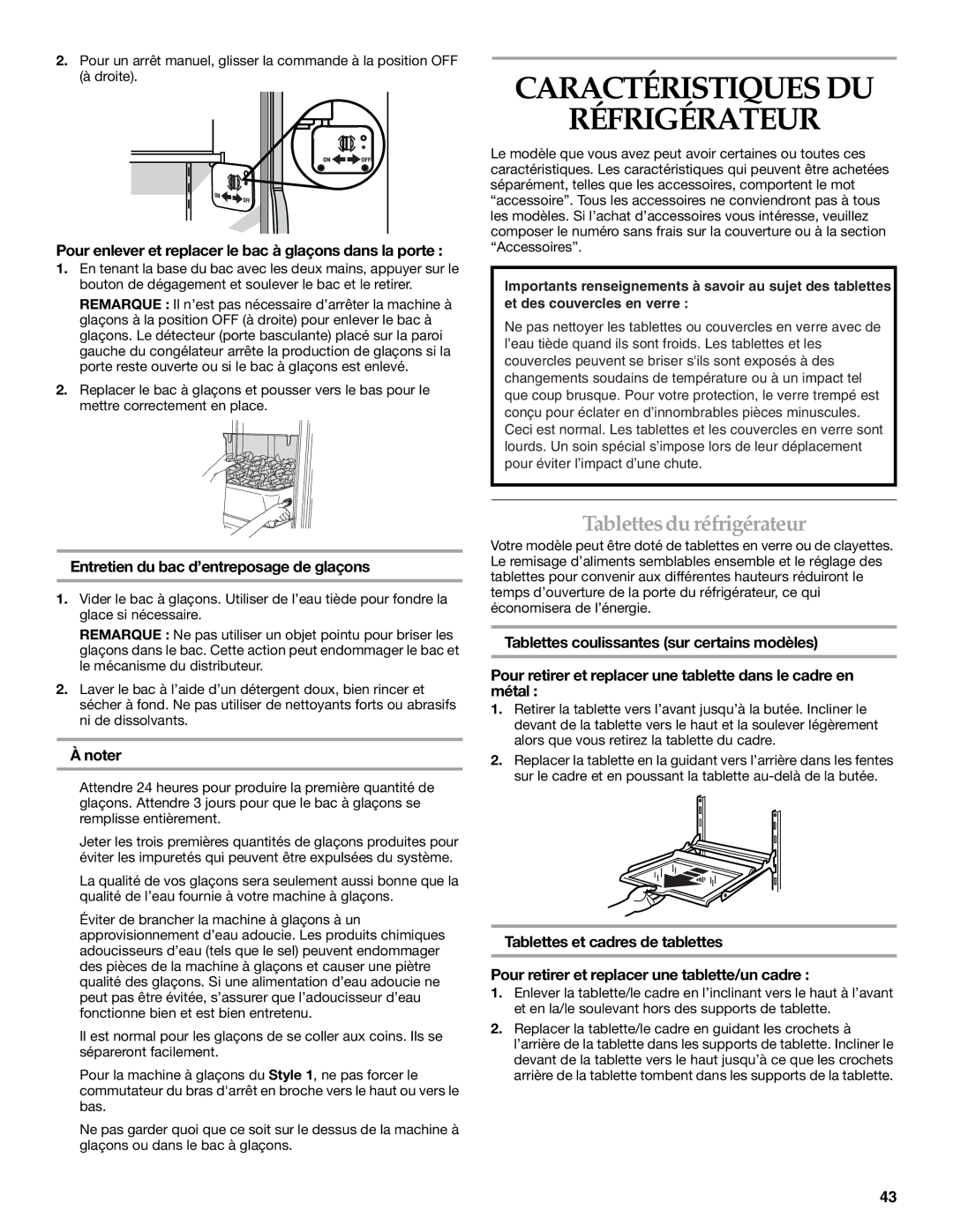 KitchenAid SIDE BY SIDE REFRIGERATOR manual Caractéristiques DU Réfrigérateur, Tablettesdu réfrigérateur 