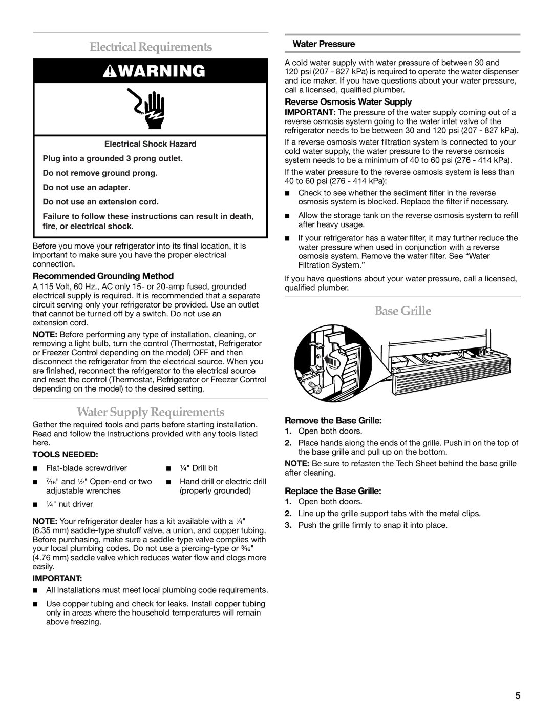 KitchenAid SIDE BY SIDE REFRIGERATOR manual Electrical Requirements, Water Supply Requirements, Base Grille 