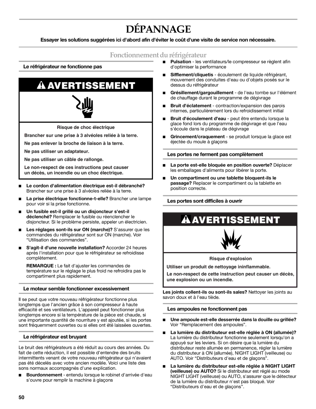 KitchenAid SIDE BY SIDE REFRIGERATOR manual Dépannage, Fonctionnement du réfrigérateur 