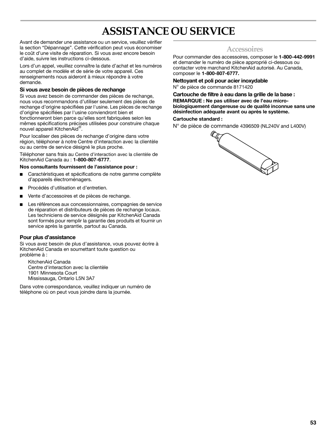 KitchenAid SIDE BY SIDE REFRIGERATOR manual Assistance OU Service, Accessoires 