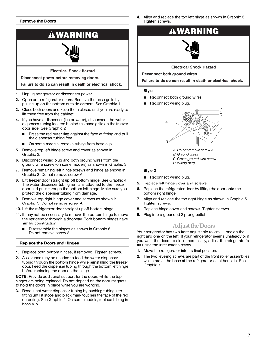 KitchenAid SIDE BY SIDE REFRIGERATOR manual Adjustthe Doors, Remove the Doors, Replace the Doors and Hinges 