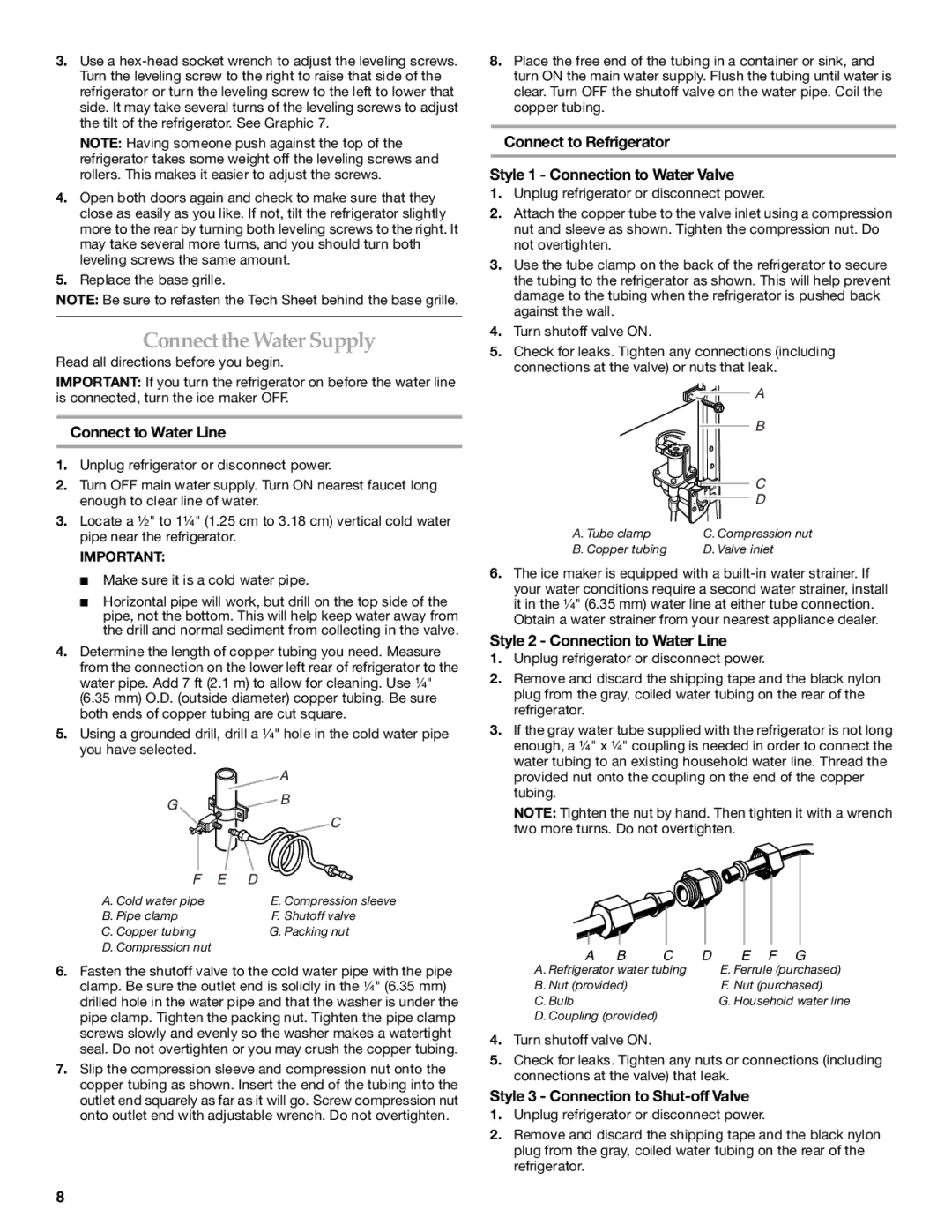 KitchenAid SIDE BY SIDE REFRIGERATOR Connectthe Water Supply, Connect to Water Line, Style 2 Connection to Water Line 