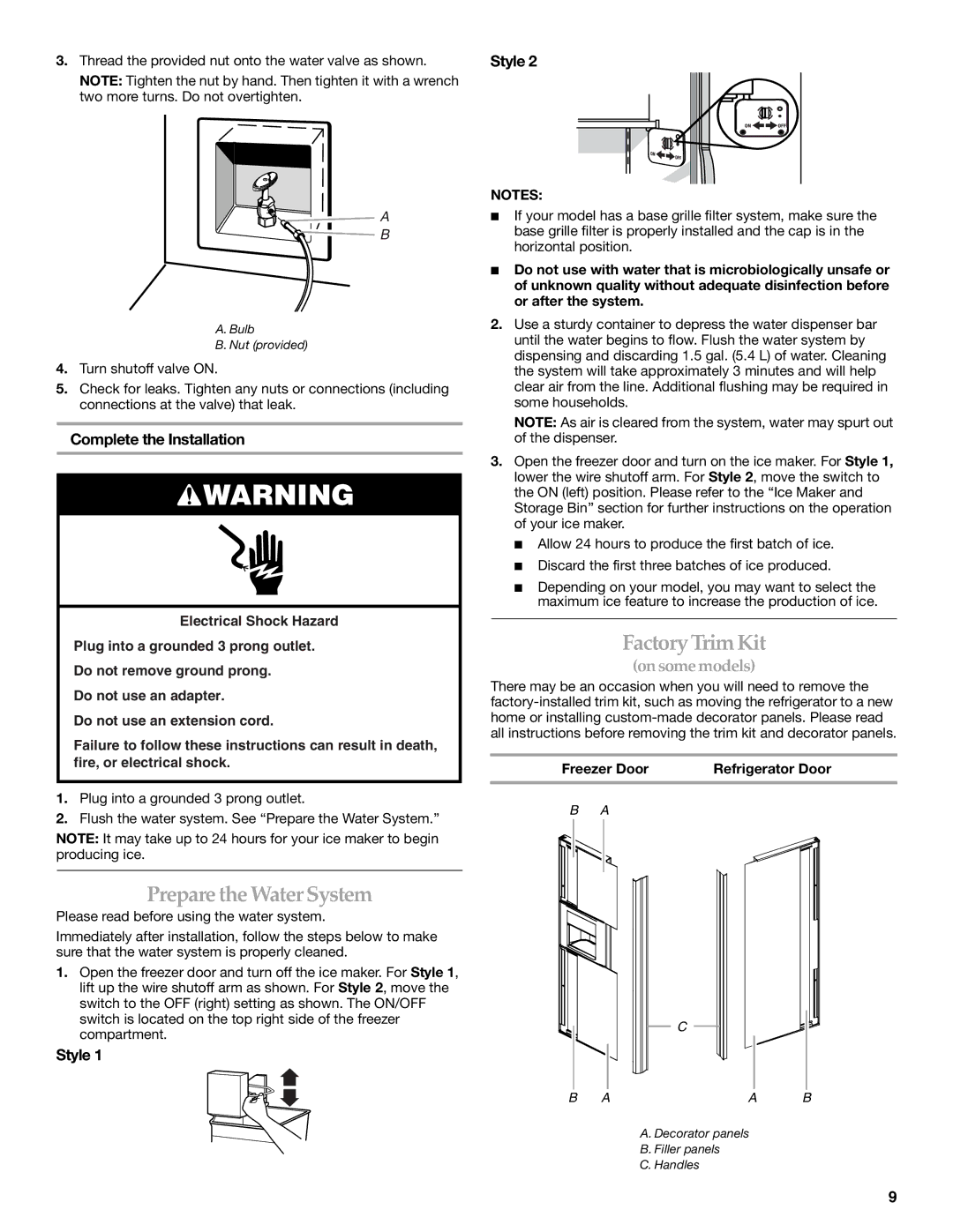 KitchenAid SIDE BY SIDE REFRIGERATOR manual Prepare the Water System, FactoryTrimKit, Complete the Installation, Style 